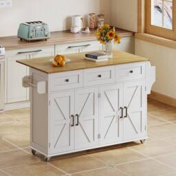 Merax White Barn Style Rolling Kitchen Island with Foldable Worktop - thumbnail 2