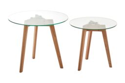 Orsina Stable Set Of Two Glass Top Oak Wood Base Side Tables, Stylish Table For Breakfast, Robust Breakfast Table in Natural - thumbnail 2