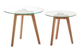 Orsina Stable Set Of Two Glass Top Oak Wood Base Side Tables, Stylish Table For Breakfast, Robust Breakfast Table in Natural