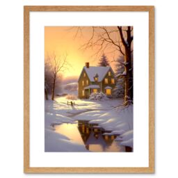 "Artery8 Wall Art Print Sunrise Winter Cottage Landscape Oil Painting Snowy Countryside Snow Lake Trees Artwork Framed 9X7 Inch - Size: W7"" x H9""" - thumbnail 1