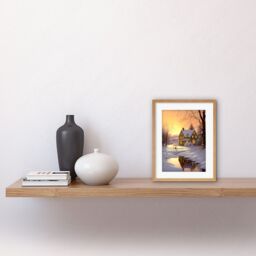 "Artery8 Wall Art Print Sunrise Winter Cottage Landscape Oil Painting Snowy Countryside Snow Lake Trees Artwork Framed 9X7 Inch - Size: W7"" x H9""" - thumbnail 2