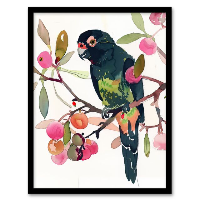 "Artery8 Parrot Perched on Fruit Tree Branch Watercolour Framed Wall Art in Green - Size: W12"" x H16""" - image 1