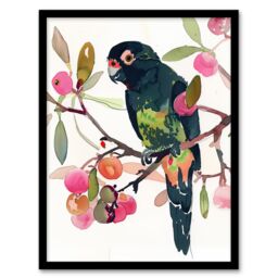 "Artery8 Parrot Perched on Fruit Tree Branch Watercolour Framed Wall Art in Green - Size: W12"" x H16""" - thumbnail 1