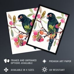 "Artery8 Parrot Perched on Fruit Tree Branch Watercolour Framed Wall Art in Green - Size: W12"" x H16""" - thumbnail 2