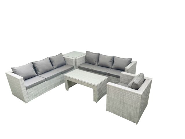 Fimous Wicker PE Rattan Sofa Garden Furniture Set with Oblong Coffee Table Armchair Side Table Light Grey Mixed - image 1