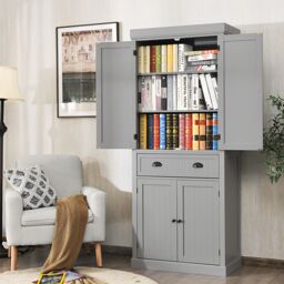 Gymax Wood Tall Cabinet 2 Doors Display Organizer Freestanding Pantry Cupboard in Grey - Size: 6ft - thumbnail 6