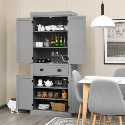 Gymax Wood Tall Cabinet 2 Doors Display Organizer Freestanding Pantry Cupboard in Grey - Size: 6ft - thumbnail 4