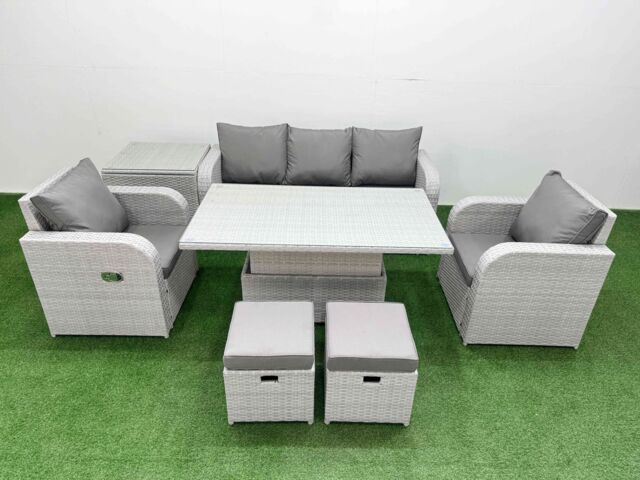 Fimous PE Rattan Garden Furniture Set Reclining Chair Sofa Lounge Sofa Set Adjustable Lifting Dining or Coffee Table Side Table 2 Small Stools Light - image 1