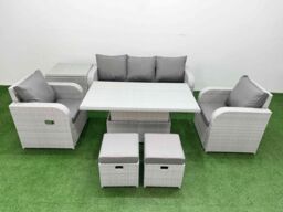 Fimous PE Rattan Garden Furniture Set Reclining Chair Sofa Lounge Sofa Set Adjustable Lifting Dining or Coffee Table Side Table 2 Small Stools Light - thumbnail 1