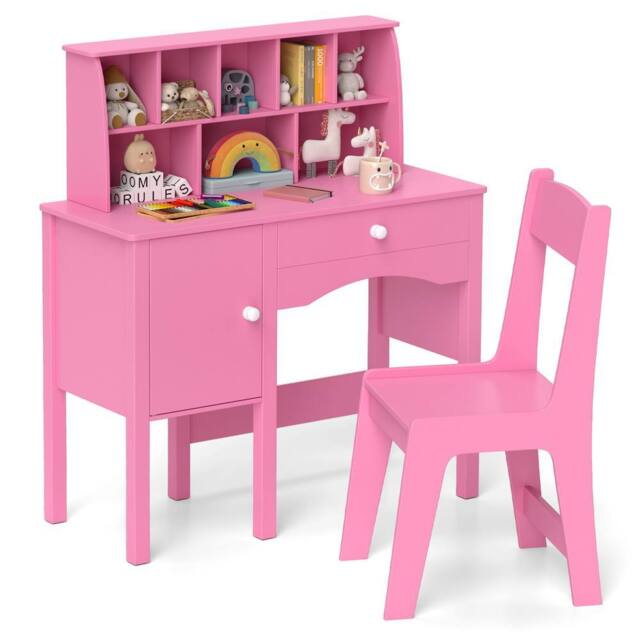 Gymax Study Desk & Chair Set Wooden Craft Table & Chair With Shelves in Pink - image 1