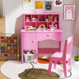 Gymax Study Desk & Chair Set Wooden Craft Table & Chair With Shelves in Pink - thumbnail 3