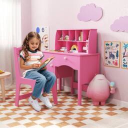 Gymax Study Desk & Chair Set Wooden Craft Table & Chair With Shelves in Pink - thumbnail 5