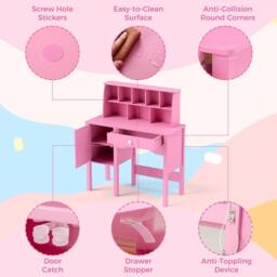 Gymax Study Desk & Chair Set Wooden Craft Table & Chair With Shelves in Pink - thumbnail 6