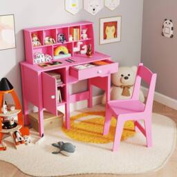 Gymax Study Desk & Chair Set Wooden Craft Table & Chair With Shelves in Pink - thumbnail 4