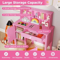 Gymax Study Desk & Chair Set Wooden Craft Table & Chair With Shelves in Pink - thumbnail 7