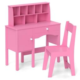 Gymax Study Desk & Chair Set Wooden Craft Table & Chair With Shelves in Pink - thumbnail 2