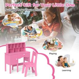 Gymax Study Desk & Chair Set Wooden Craft Table & Chair With Shelves in Pink - thumbnail 9