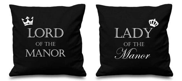 "60 SECOND MAKEOVER Lord Of The Manor Lady Of The Manor Black Cushion Covers 16"" x 16"" Couples Cushions Valentines Anniversary Boyfriend"