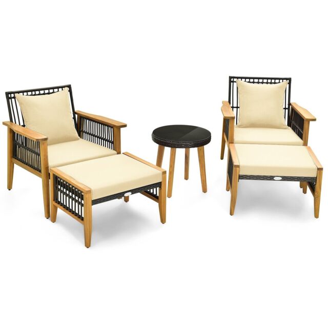 Gymax 5 PCS Patio Furniture Set Wicker Chair Set Coffee Table & 2 Ottomans in Natural