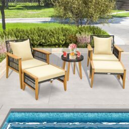 Gymax 5 PCS Patio Furniture Set Wicker Chair Set Coffee Table & 2 Ottomans in Natural - thumbnail 4