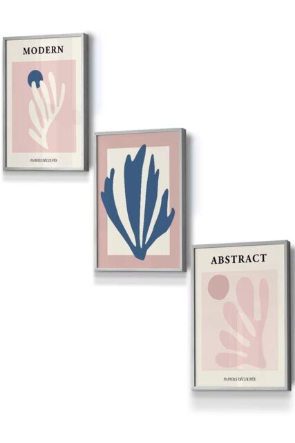 ARTZE Set of 3 Light Grey Framed Matisse Style Floral Cut Out Navy & Pink Wall Art in Dusty Pink - Size: W53 cm x H73 cm x D20mm - image 1