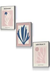 ARTZE Set of 3 Light Grey Framed Matisse Style Floral Cut Out Navy & Pink Wall Art in Dusty Pink - Size: W53 cm x H73 cm x D20mm - thumbnail 1