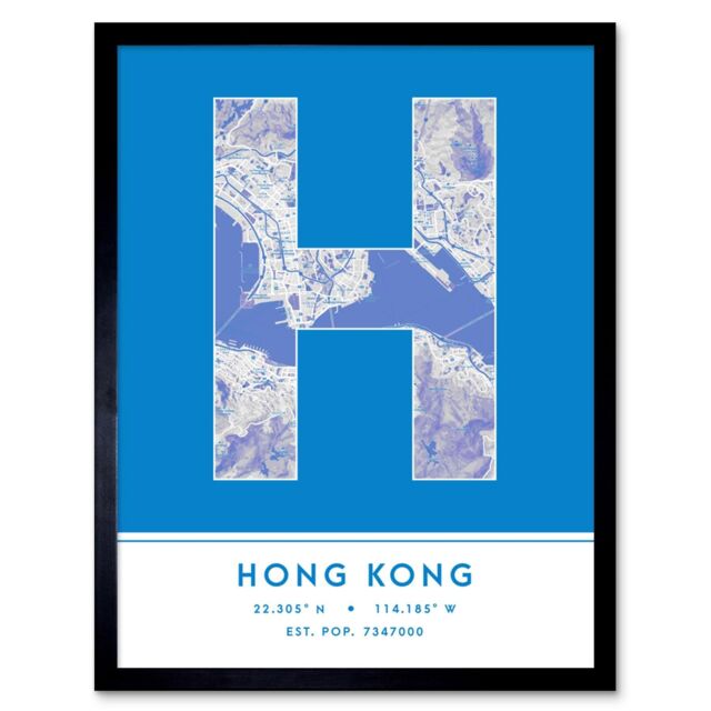 "Wee Blue Coo Wall Art Print Hong Kong Hong Kong City Map Modern Typography Stylish Letter Framed Word in Blue - Size: W12"" x H16""" - image 1