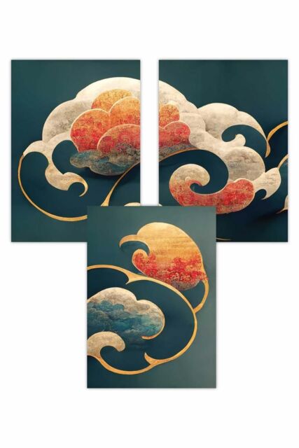 ARTZE Set of 3 Abstract Clouds in Teal & Orange Art Posters - Size: W42 cm x H59 cm - image 1