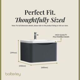 Balterley Wall Hung 1 Drawer Bathroom Vanity Unit & Basin, Dark Grey, 550mm in Grey - thumbnail 5