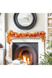 Living and Home 1.7m Pre-Lit Autumn Garland Maple Leaf Vine Fall Decoration for Mantel, Table & Wall in Orange - thumbnail 4