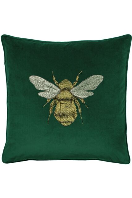Paoletti Hortus Embroidered Bee Soft Velvet Pipe Trimmed Cushion in Emerald - Size: 50 cm x 50 cm - image 1
