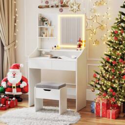 Costway Wooden Vanity Desk Set w/ Mirror & Lights Makeup Table w/Storage Stool in White - thumbnail 6