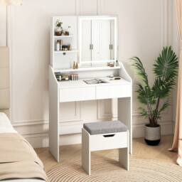 Costway Wooden Vanity Desk Set w/ Mirror & Lights Makeup Table w/Storage Stool in White - thumbnail 3