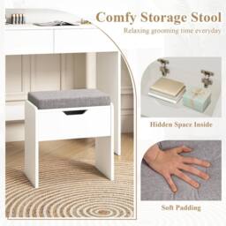 Costway Wooden Vanity Desk Set w/ Mirror & Lights Makeup Table w/Storage Stool in White - thumbnail 9