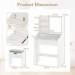 Costway Wooden Vanity Desk Set w/ Mirror & Lights Makeup Table w/Storage Stool in White - thumbnail 2