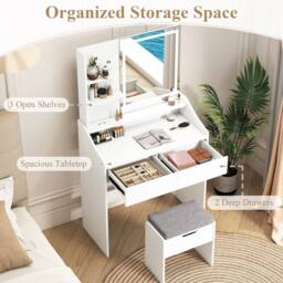 Costway Wooden Vanity Desk Set w/ Mirror & Lights Makeup Table w/Storage Stool in White - thumbnail 7