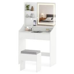 Costway Wooden Vanity Desk Set w/ Mirror & Lights Makeup Table w/Storage Stool in White