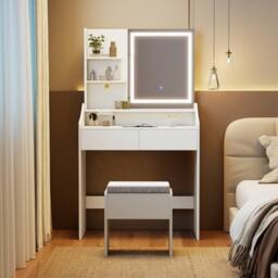 Costway Wooden Vanity Desk Set w/ Mirror & Lights Makeup Table w/Storage Stool in White - thumbnail 5