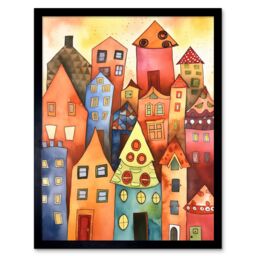 "Artery8 Wall Art Print Colourful Townscape Folk Art Watercolour Painting Art Framed in Black - Size: W12"" x H16""" - thumbnail 1