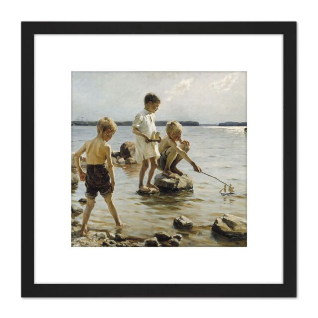 Artery8 Albert Edelfelt - Boys Playing On The Shore 8X8 Inch Square Wooden Framed Wall Art Print Picture with Mount in Black - image 1