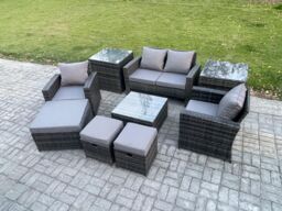 Fimous Rattan Wicker Garden Furniture Patio Conservatory Sofa Set with Square Coffee Table Armchair 2 Seater Sofa in Dark Grey - thumbnail 1