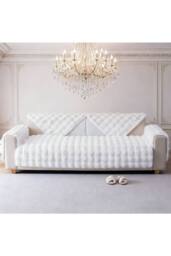 Living and Home Sleek Textured Plush Sofa Cover in White - Size: Medium - thumbnail 2