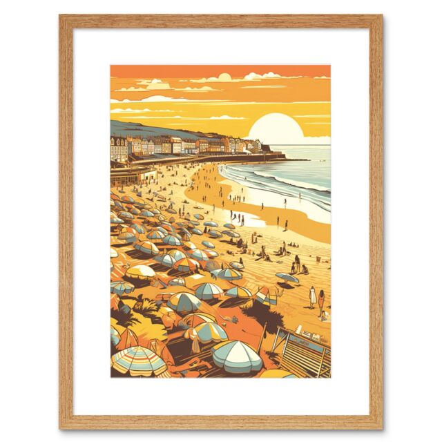 "Artery8 Wall Art Print Summer Sunset at Busy Sandy Promenade Beach Artwork Framed 9X7 Inch in Beige - Size: W7"" x H9""" - image 1