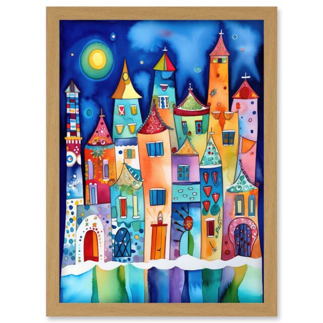 Artery8 Midnight Abstract Town Folk Art Artwork Framed Wall Art Print A4 in Light Oak - image 1