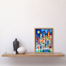 Artery8 Midnight Abstract Town Folk Art Artwork Framed Wall Art Print A4 in Light Oak - thumbnail 2