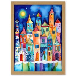 Artery8 Midnight Abstract Town Folk Art Artwork Framed Wall Art Print A4 in Light Oak - thumbnail 1