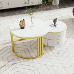 Merax Modern 2-Piece Nesting Coffee Table Set with Marble Effet Tabletop in White - thumbnail 4