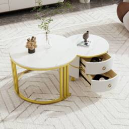 Merax Modern 2-Piece Nesting Coffee Table Set with Marble Effet Tabletop in White