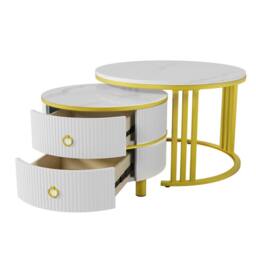 Merax Modern 2-Piece Nesting Coffee Table Set with Marble Effet Tabletop in White - thumbnail 6