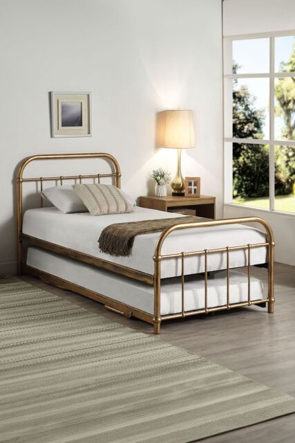 SlumberWorx Tewin Vintage Hospital Style Single Metal Bed Frame w Guest Trundle in Bronze
